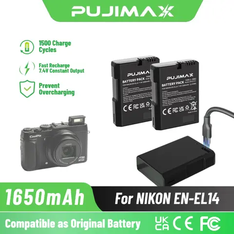 PUJIMAX 1650mAh EN-EL14 Battery with USB Type C Charging Cable for NIKON D3100 D3400 D3500 D5200 D5600 Coolpix P7700 P7800 DF