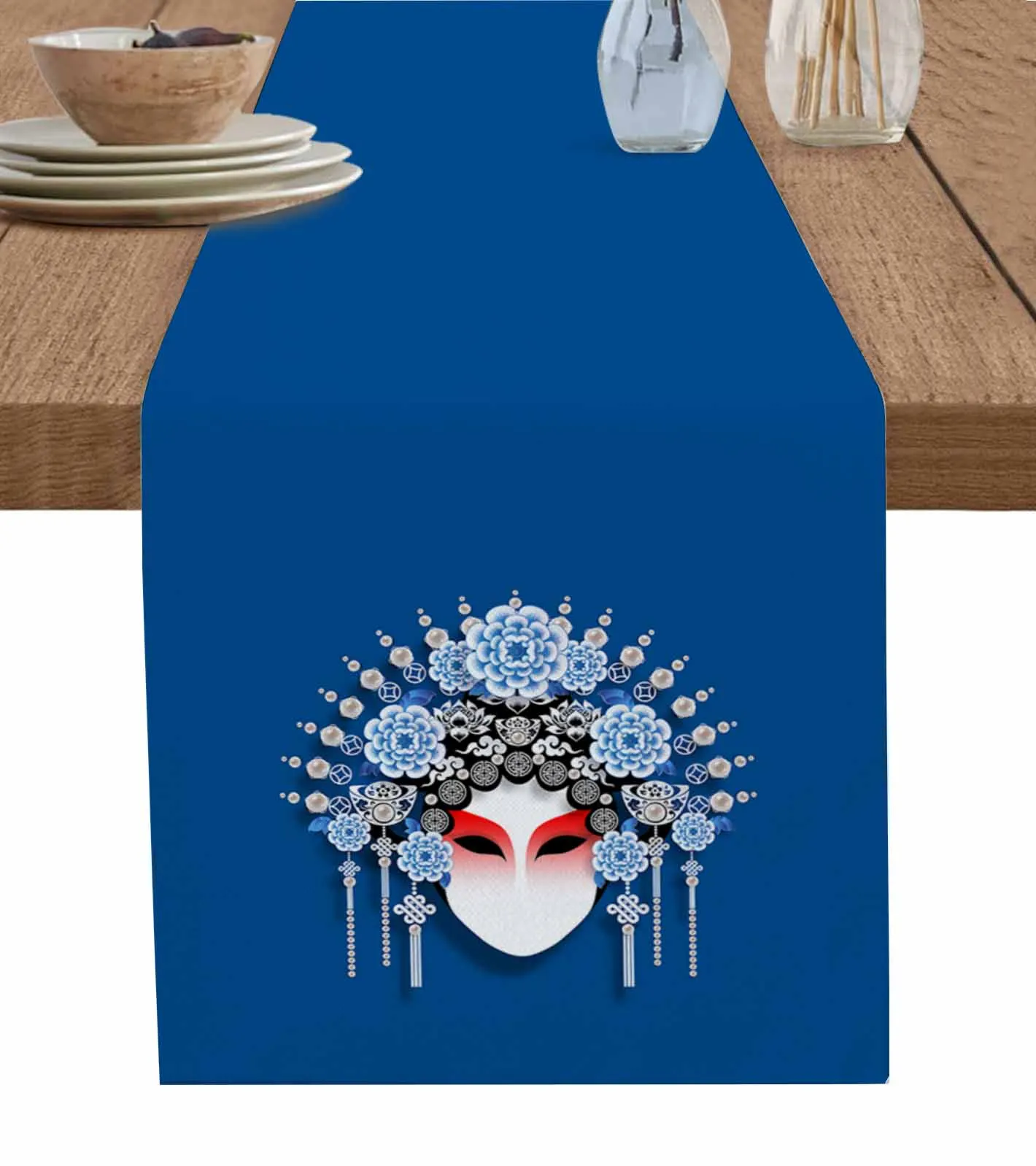 Blue Traditional Chinese Opera Table Runners for Wedding Party Kitchen Dining Table Decor Coasters Home Tablecloth Table Mat