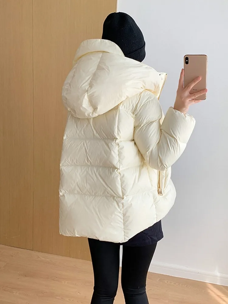 High Quality Women White Goose Down Jacket Short Style Casual Female Thick Warm Overcoat Loose Fit Hooded Windproof Down Coats