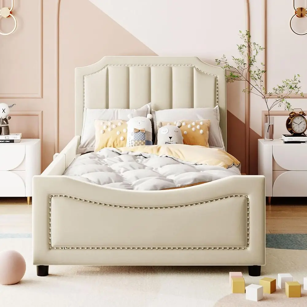 

Велюровая кровать-софа для детей и подростков, полосатая кровать-платформа с деревянным ламельным основанием, подходит для взрослых (размер Twin, бежевый)