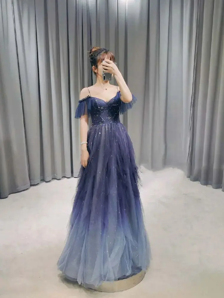 Off shoulder Spaghetti Strap Evening  Dress Star Embroidery Formal Banquet Dresses Sparkling Sequins Graduation Prom Gown