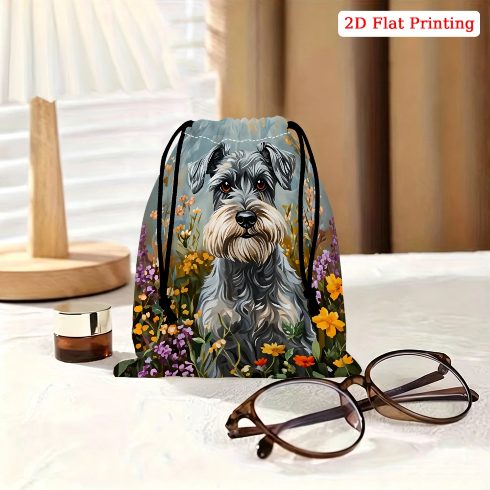 1pc Fashion Drawstring Bag Gray Schnauzer Dog Floral Print Storage Small Pouch Travel Cosmetic Organizer For Women Portable