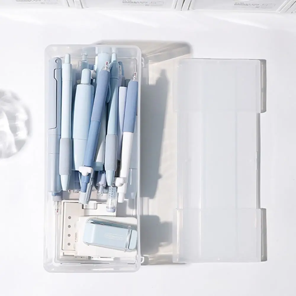 Clear Stationery Storage Box Stackable Large Capacity Desktop Organizer Foldable Marker Pen Holder School Office