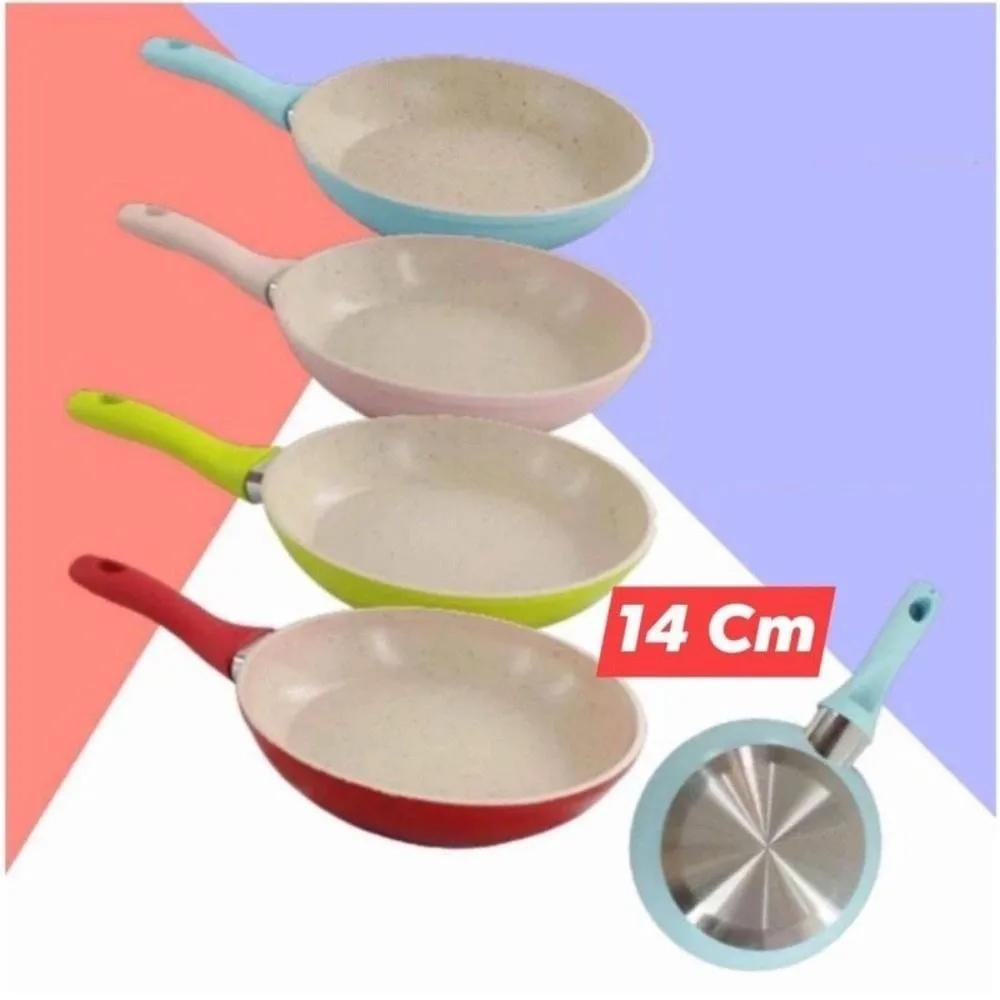 Durable Non Stick Frying Pan Wok 14cm Marble Coated Food Pan Silicone Handle Kitchen Cookware Omelette Pan Household
