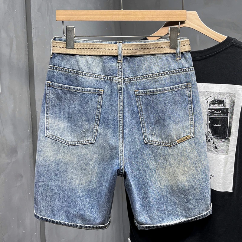 2024 New Summer Stretch Straight Ripped Men's Jeans Including Belt Fashion Casual Hip Hop Denim Shorts Male Streetwear