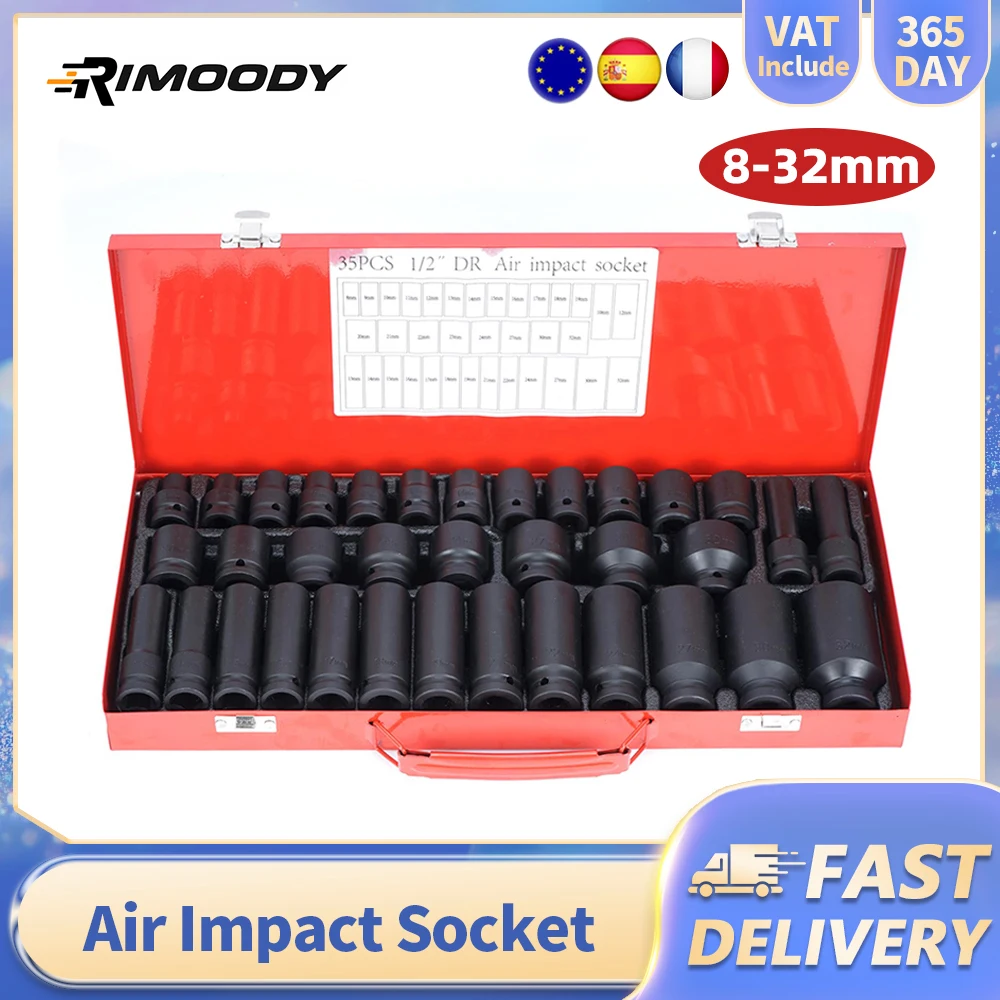 Rimoody 35 pièces 1/2 "entraînement jeu de douilles à Impact profond manchon de pistolet à Air manchon Hexagonal ensemble de réparation écrou d'essieu de broche réparation de camion de voiture