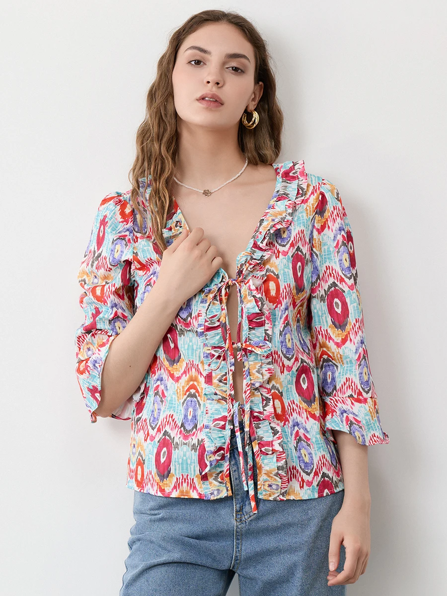 Women s Colorful Pattern Print Shirt Flare Half Sleeve Bow Tie-Up Front V-Neck Loose Blouse Half Sleeve T shirts