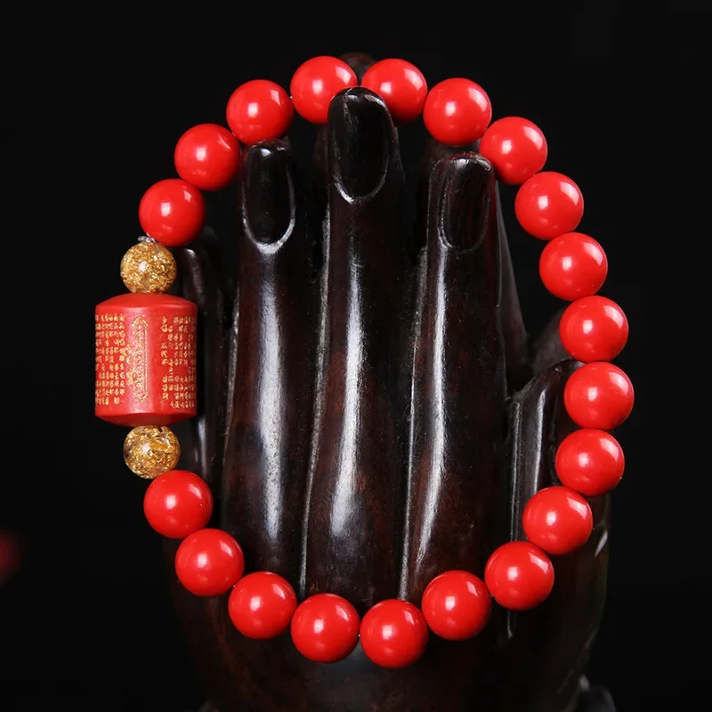 Chinese Buddhist Scripture 8MM Beads Elastic Bracelet Natural Red Organic Cinnabar Fashion Man ahd woman Luck Amulet Gifts