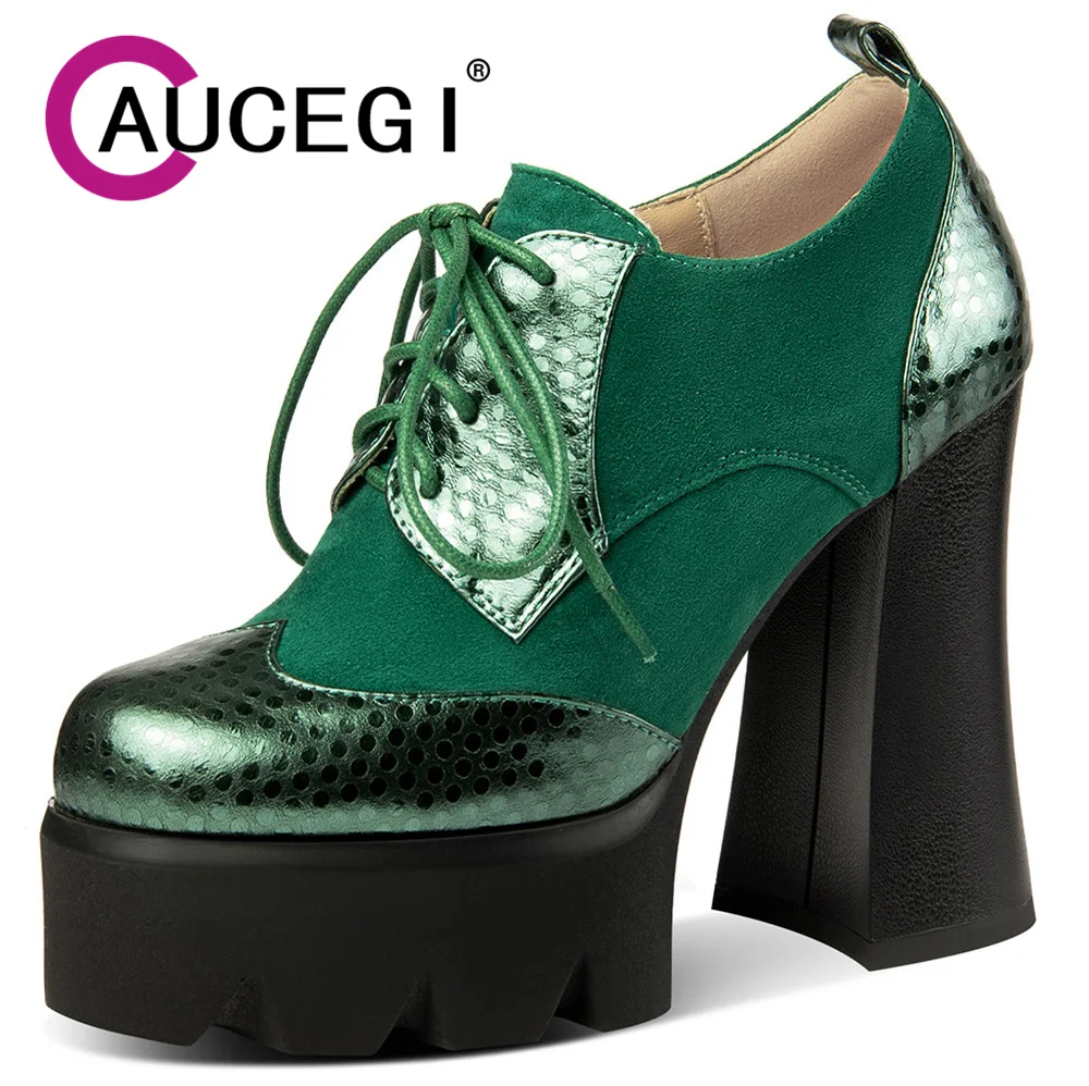 

Aucegi Mature Genuine Leather Patchwork Kid Suede Platform Thick High Heel Women Lace Up Pumps Luxury Designer Commuter Shoes