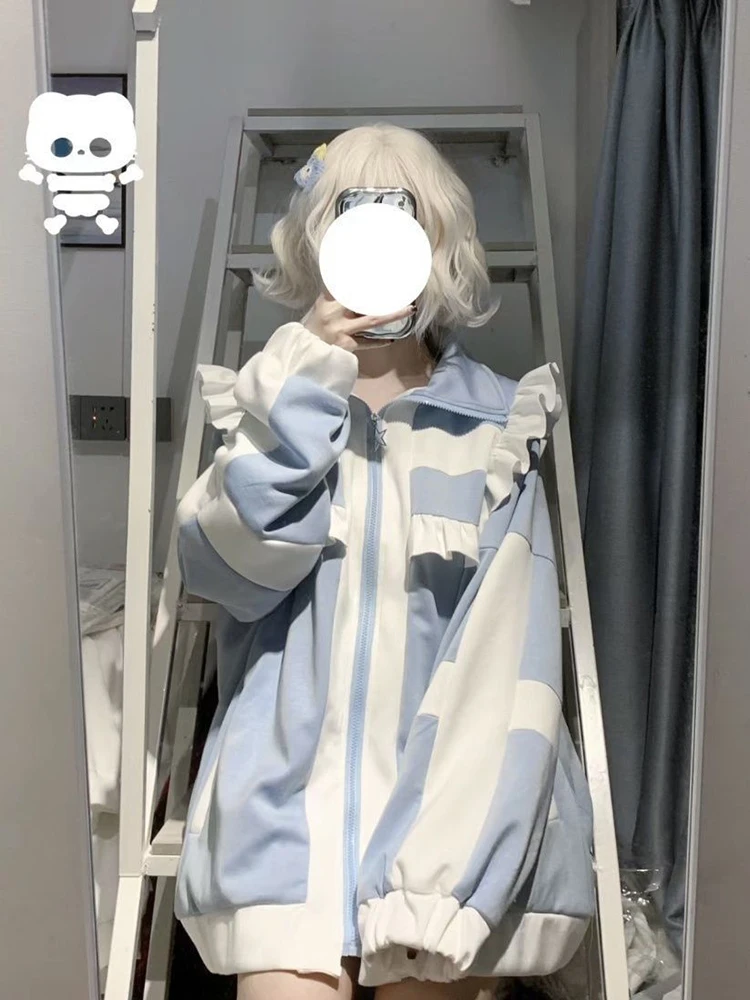 اليابانية كشكش البريدي بلوزات المرأة الحلو Preppy فضفاض المرقعة لوليتا معاطف ربيع الخريف لطيف كم طويل Harajuku شيك القمم #6