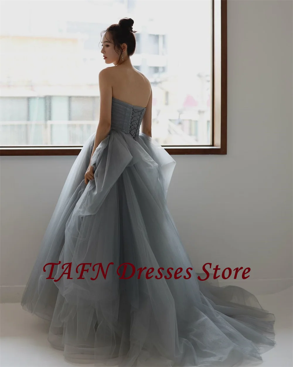 TAFN-Strapless Tulle Andar de comprimento Vestidos de casamento, A linha Vestido de Noiva, Korean Ball Gown, mangas Lace-up, Photo Shoot