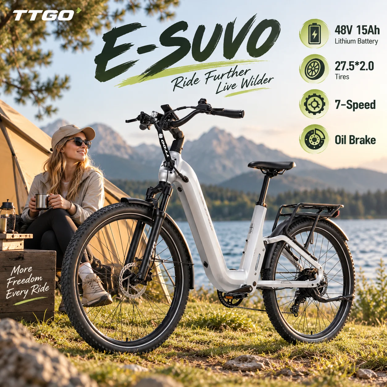 Bicicletta elettrica Ttgo E-Suvo-S6, 27,5 pollici, per adulti, batteria da 48V 15Ah, motore con sensore di coppia da 250W 70Nm, freni a disco idraulici, 7 velocità, autonomia di 120 km, e-bike per gli