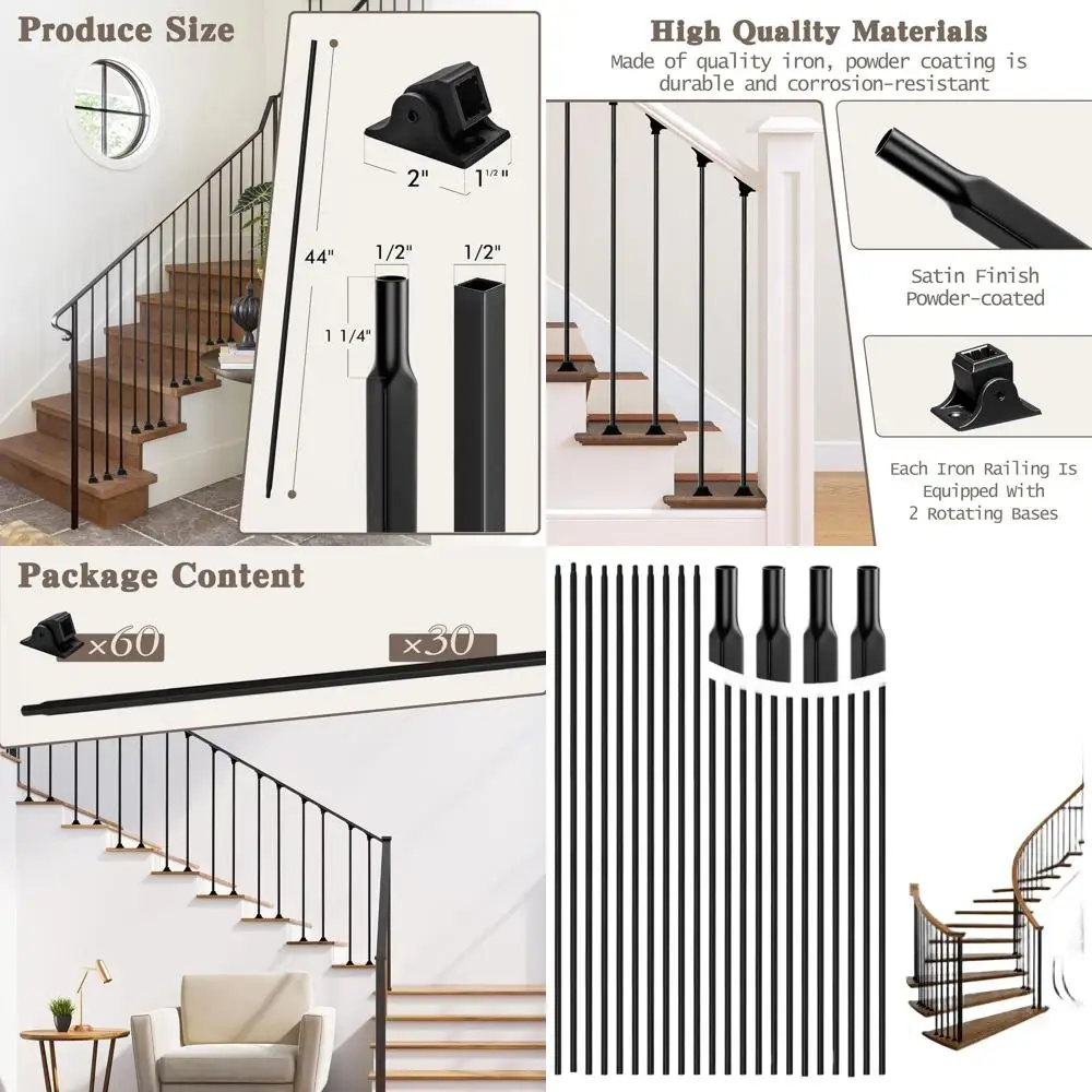 مجموعة من 30 حلقة حديدية مستقيمة مجوفة باللون الأسود غير اللامع، 1/2 × 44 لحاجز الدرج مع 60 حذاء دوار