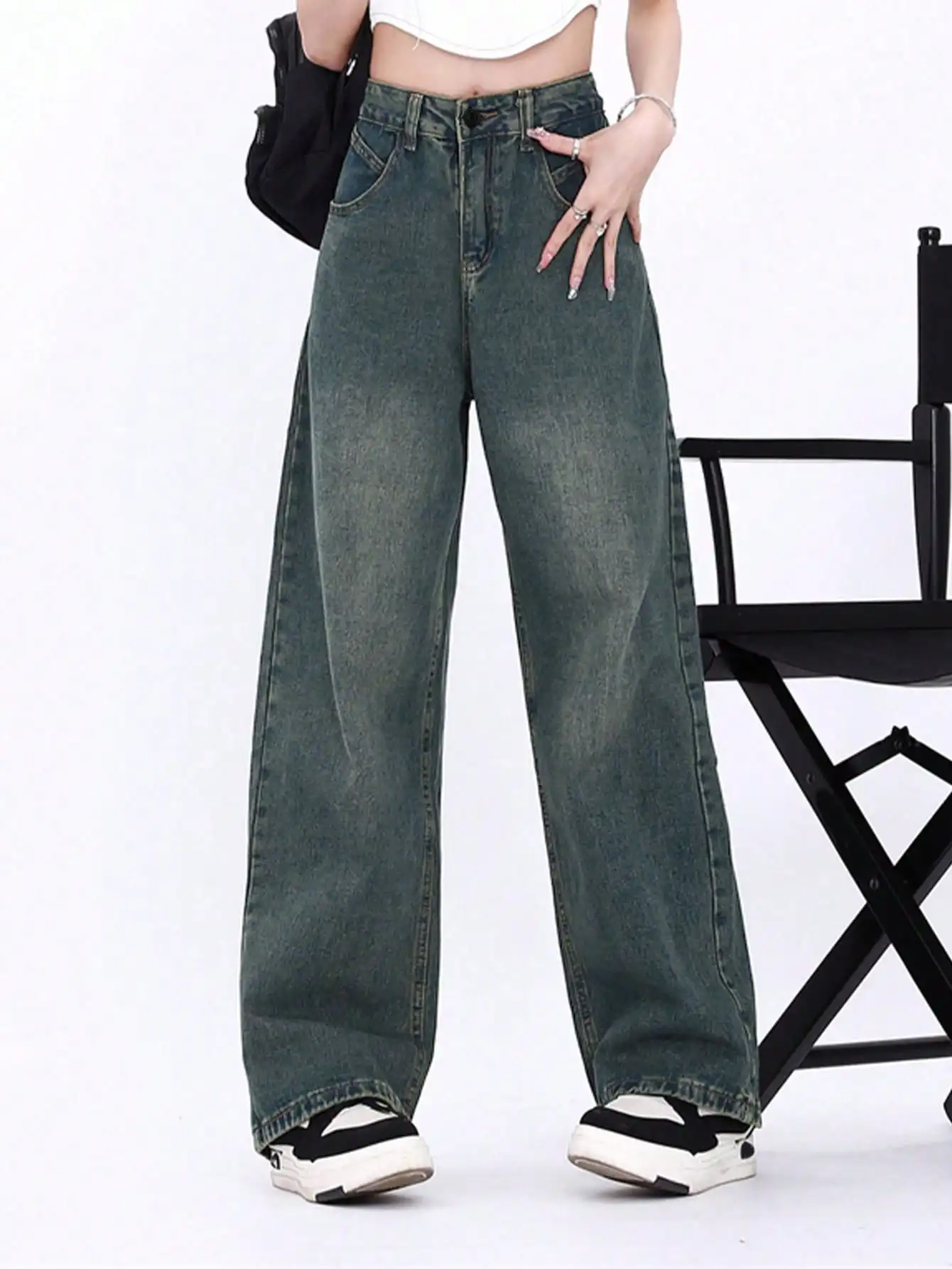 Korean Chic Autum New American Retro High-Waisted Washed Straight Loose Denim Floor-Length Wide-Leg Pants for Women