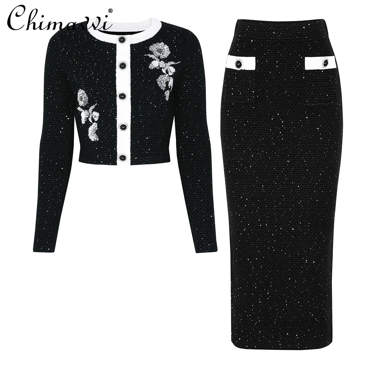 

2026 Spring New French Elegant Fashion Commuting Sequin Beaded Knitted Tops High Waist Bodycon Skirts Two-Piece Set for Women