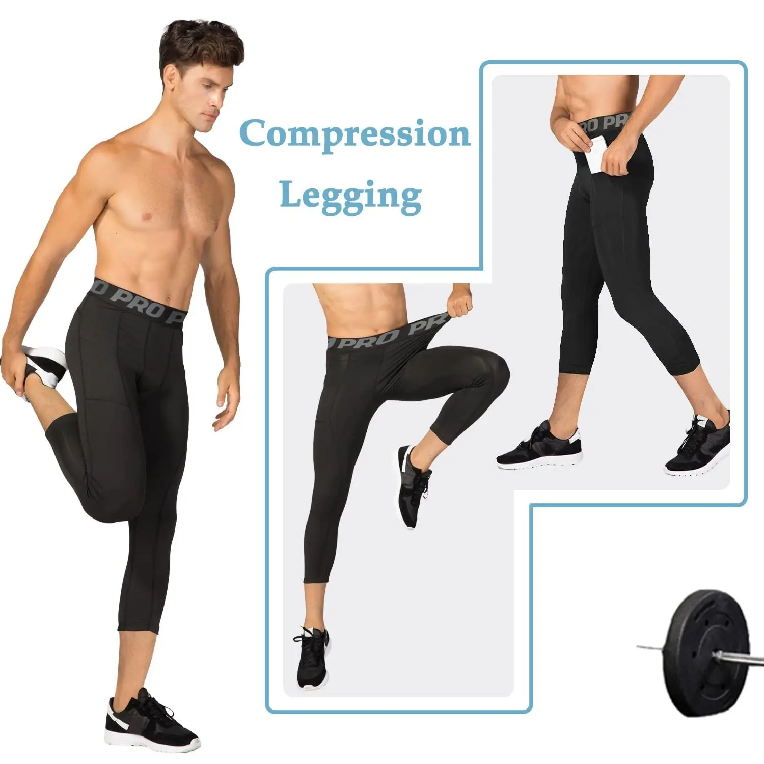 3/4 Men's Compression Pants with Pockets Four Seasons Sports Legging Basketball Running Tights Cool Dry Workout Baselayer M-XL
