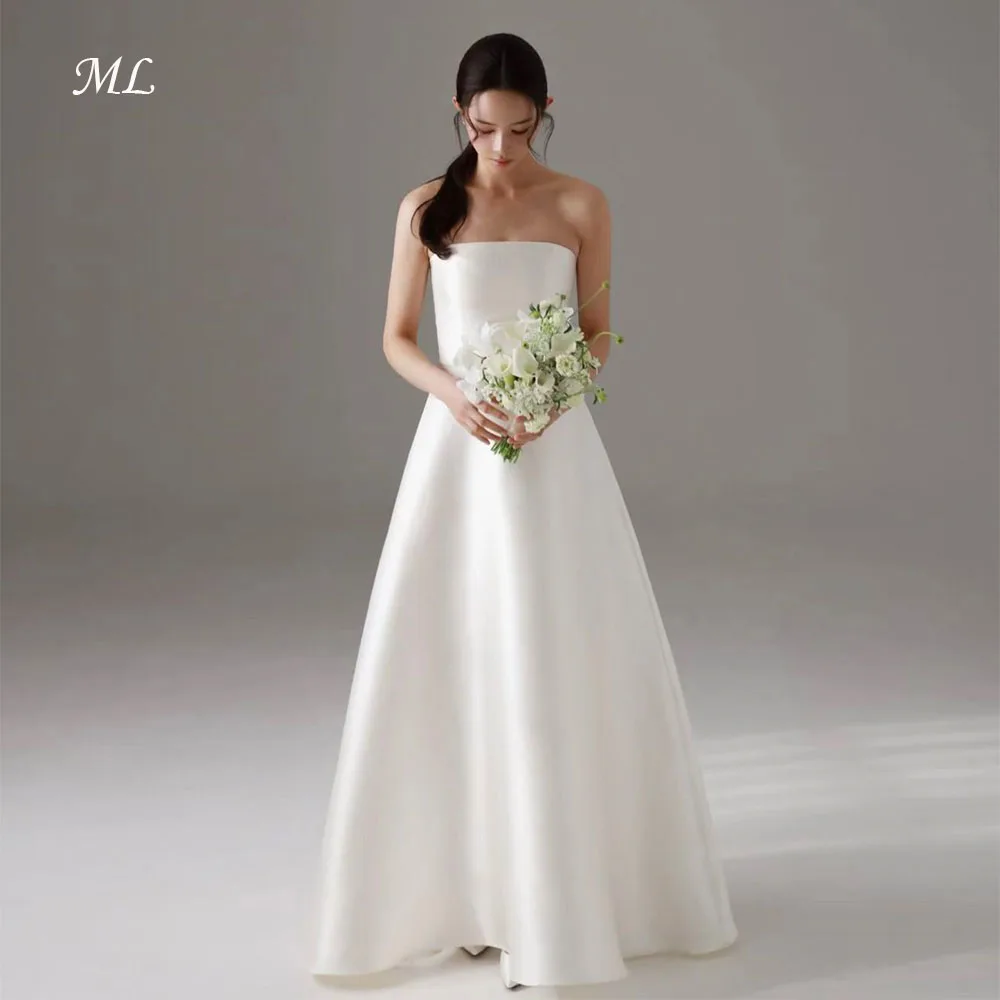 

ML Elegant Ivory Satin Wedding Dress Strapless A-Line Evening Dresses Korea Photo Shoot Bridal Reception Gown Customized New