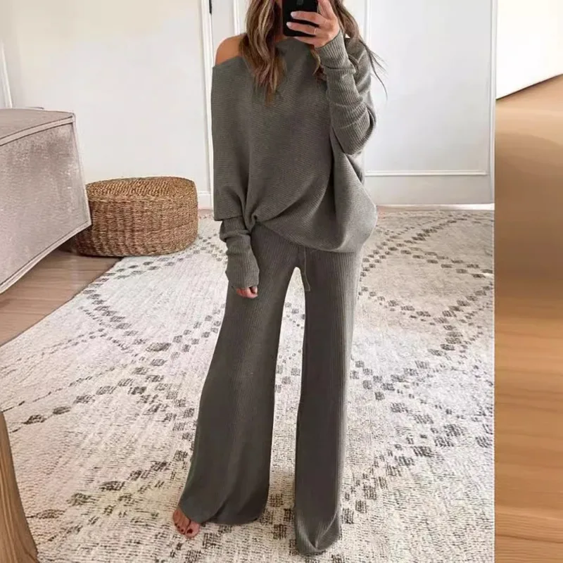 Autumn Ribbed Two Piece Set for Women Elegant Fashion Long Sleeve One Shoulder Hoodies Top Wide Leg Pants Suit Outfits Tracksuit