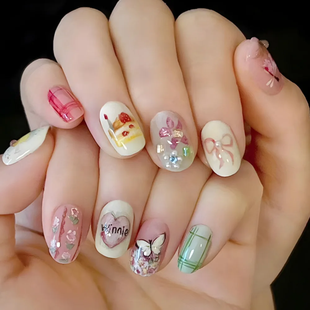 

24pcs Cottagecore Press-On Nails with Floral White Butterflies Pink Bows Stars Cakes & Hearts Short Oval Shape Assorted Sizes