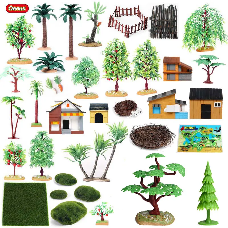 Oenux Home Decoration Accessory Tree Farm House Model Layout Garden Landscape Scenery Miniature Farm Animals Action Figures Toys