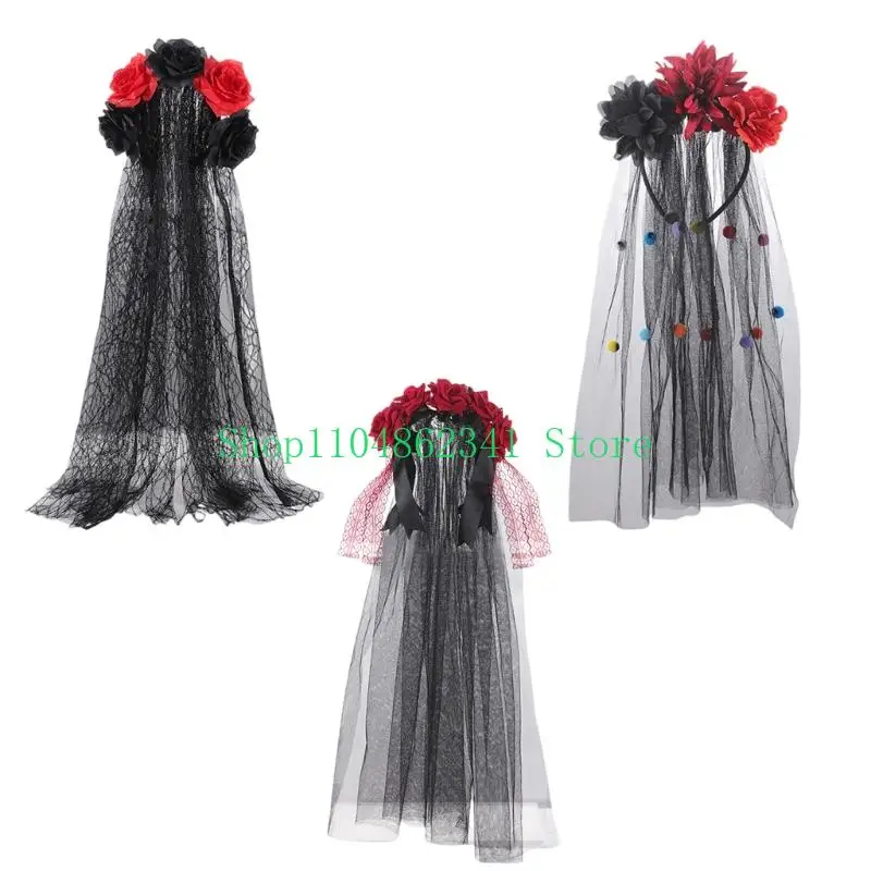 

5ASD Day of the Deads Healween Halloween Цветочная головка розовые цветочные короны вуали