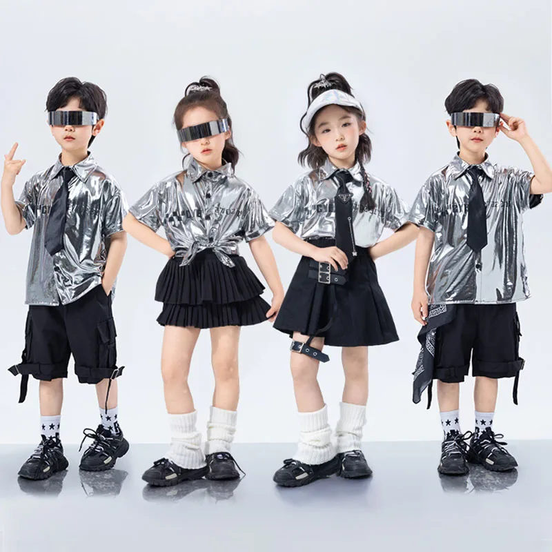 

Kid Kpop Hip Hop Clothing Silver Bright Shirt Black Strap Cargo Shorts Layered Pleated Skirt for Girl Boy Dance Costume Clothes