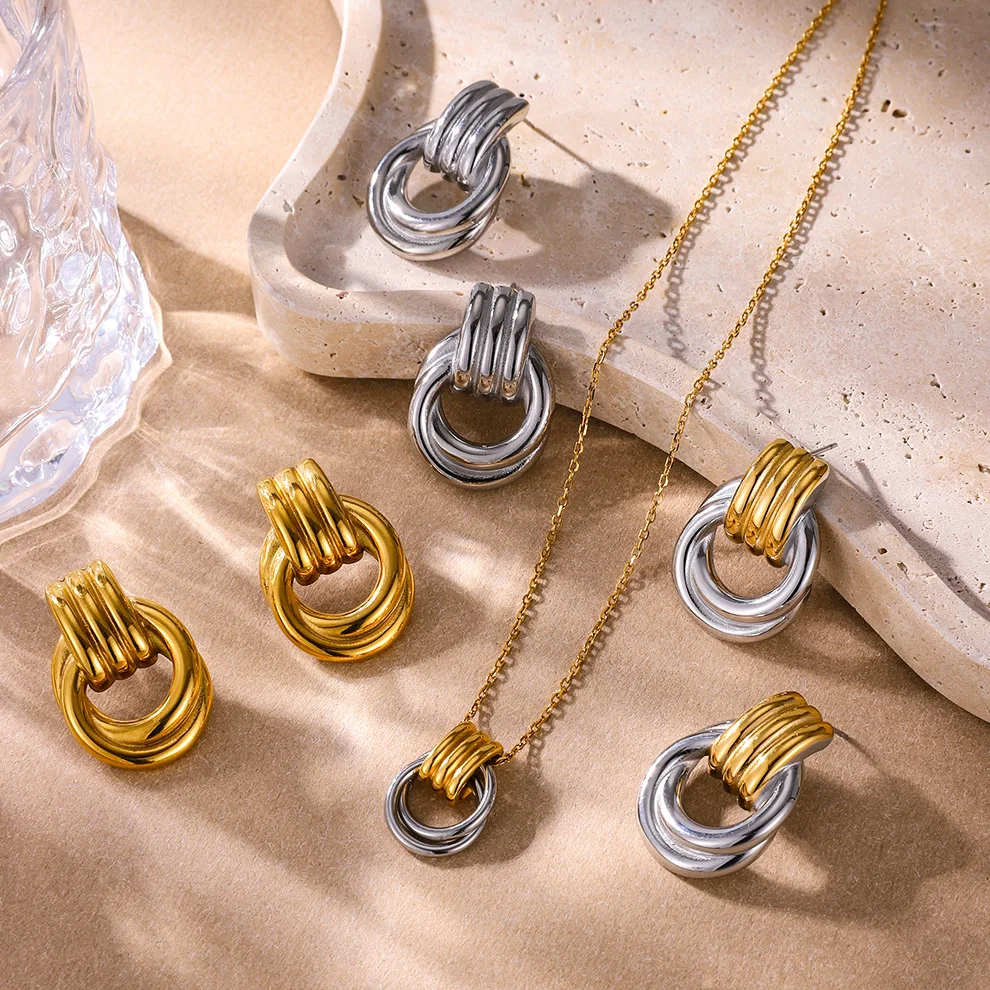 

18K Gold Plated Multi-layer Round Knot Twist Chunky Stud Earrings Stainless Steel Two-color Geometric Vintage Jewelry Gifts