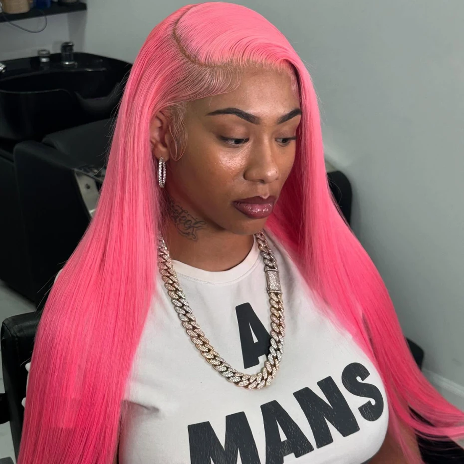 Lace Front Wig - باروكات شعر بشري مستقيم باللون الوردي
