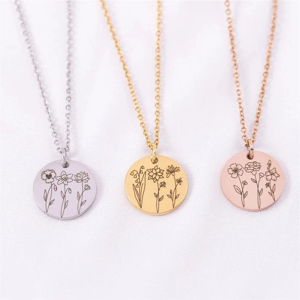 Custom Personalizado Birthflower Necklace Stainless Steel Jewellery Woman Engrave Flower Charm Necklace Birthday Customized Gift