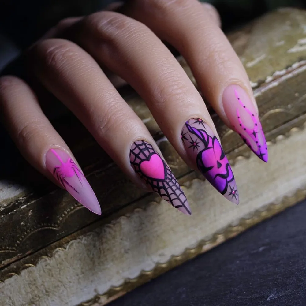 Halloween Theme Long-pointed Manicure Spider Web Purple Heart Cool Purple Mysterious Element Wears  Holiday Manicure