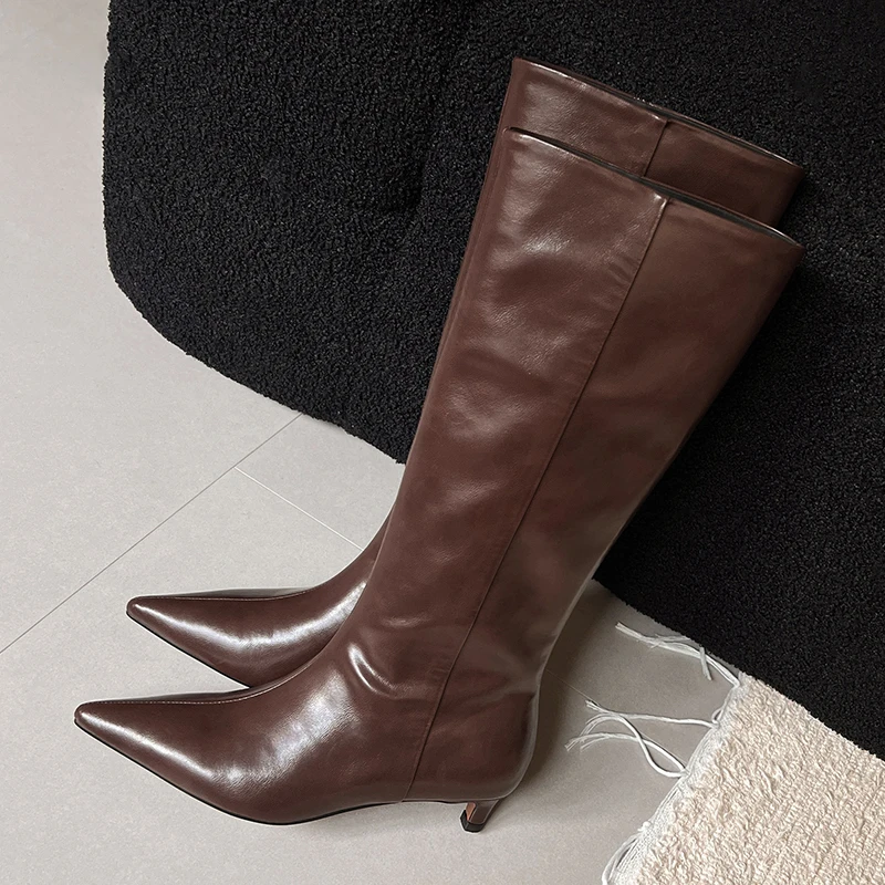 JOZHAMTA Size 34-39 Women Knee Boots Vintage Real Leather Kitten Heels Shoes Winter 2025 Pointy Wide Calf Casual Long Tall Boots