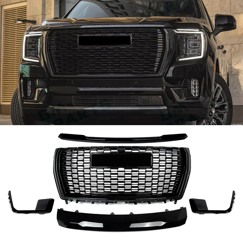 Front Hood & Lower Molding Trims Replace For GMC Yukon/XL Denali 2021-2024 Black Front Bumper Upper Grille Fog Lights Cover 5pcs