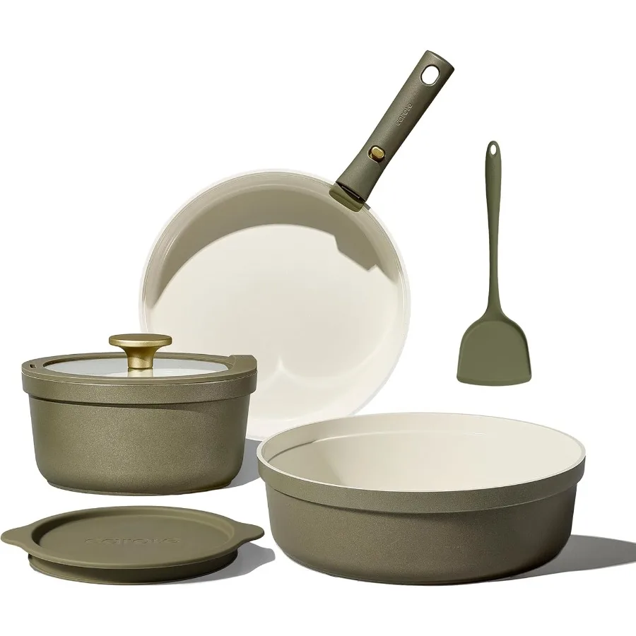 

9pcs Ceramic Cookware Set with Detachable Handles for RV Kitchen Cooking NonStick Pots and Pans Set Dishwasher Safe NonToxic In