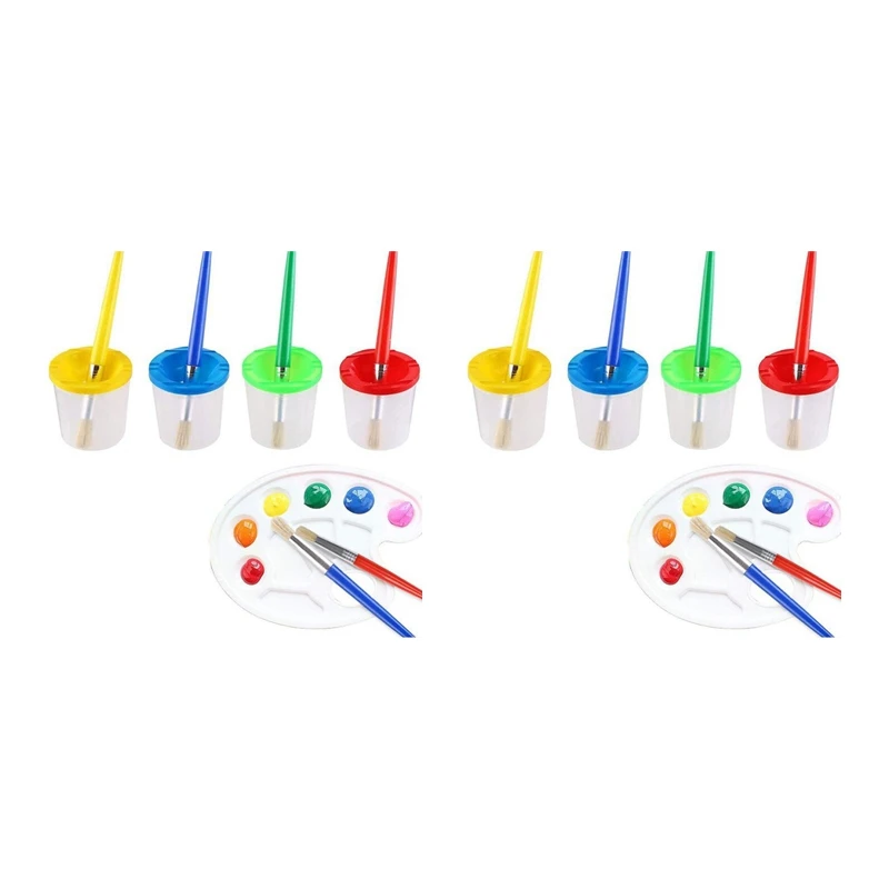 

18 Pcs No Spill Paint Cups Set With Paint Brushes And Paint Tray Palette, Paint Cups With Lids For Kids Art Painting