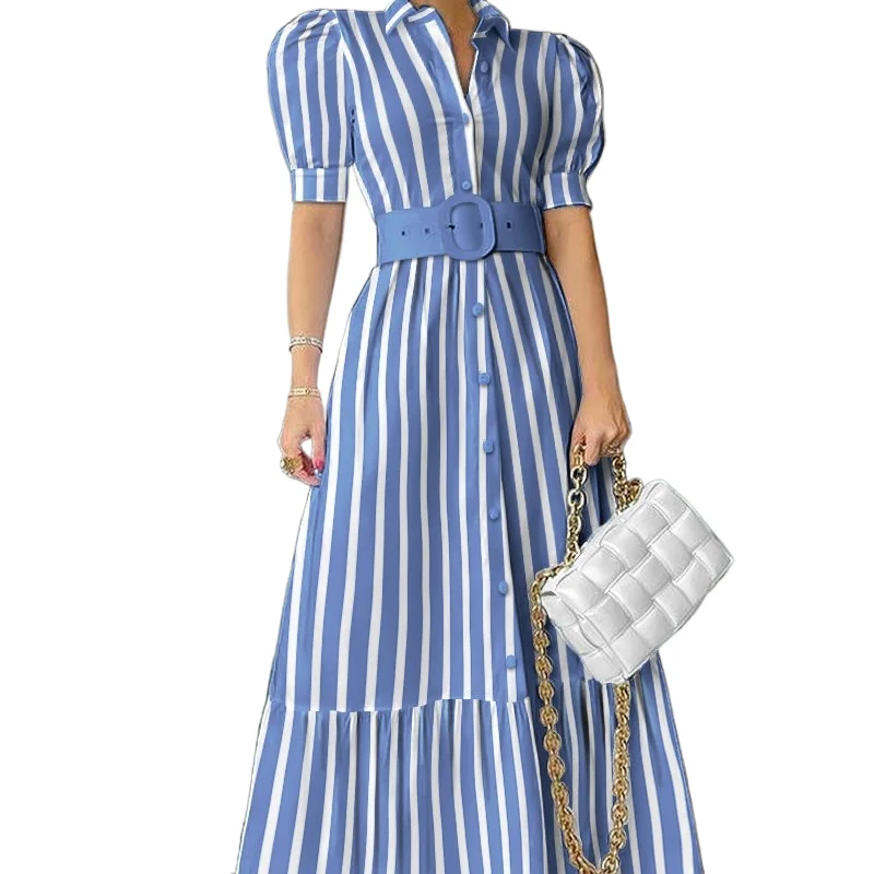 

Women Long Dress Blue Striped Single Sleeve Short Coat Dress With Belt Sashes Elegant Office Lady Vestidos Fashion Clothing