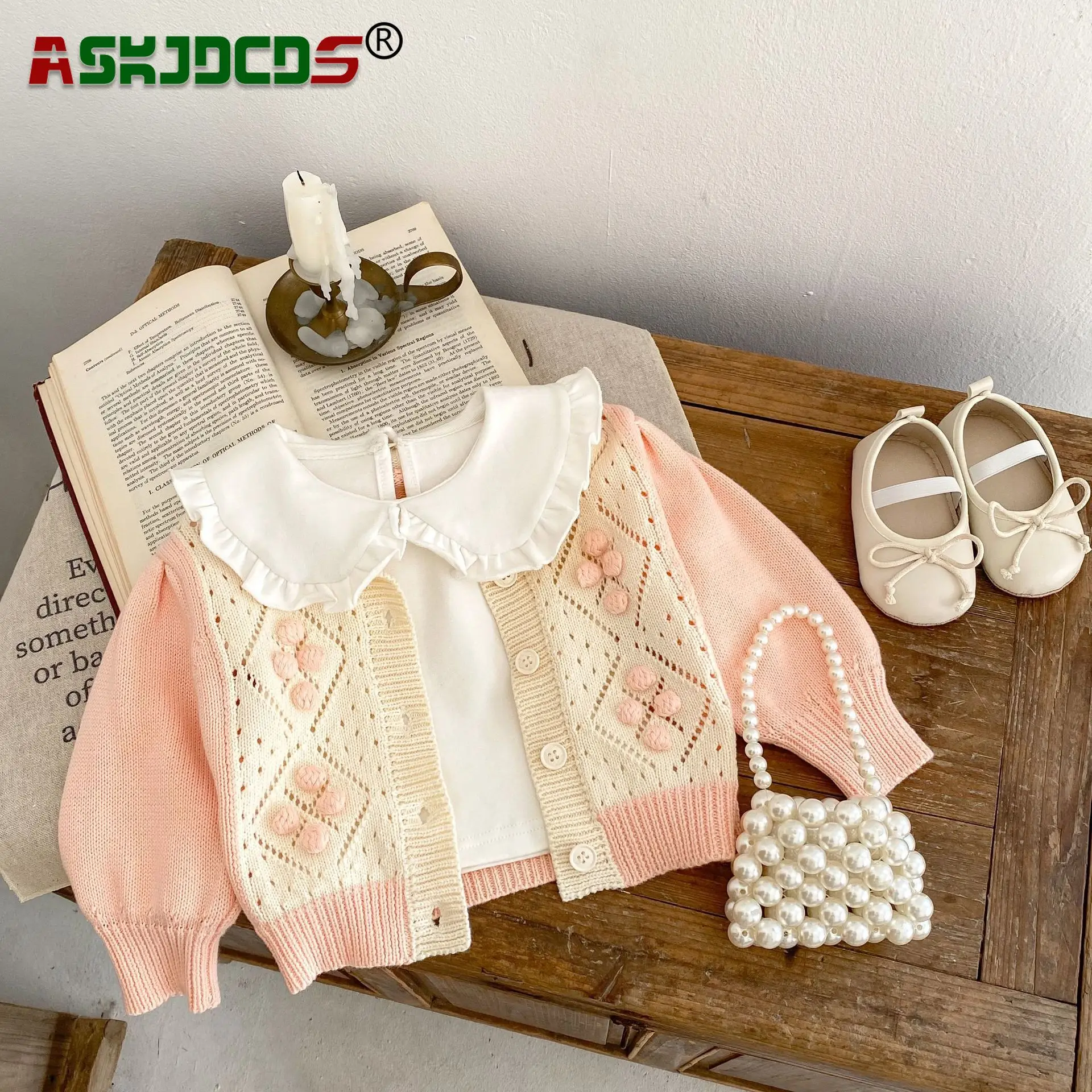 

Newborn Baby Girls Puff Sleeve Color Blocking Hollw-out Knitted Top Caot Infant Kids Single-breasted Sweater 0-3Y 2023 Autumn