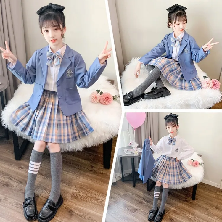 

Japanese School Girl Uniform 3Pcs Navy Costume Kids Navy JK Suit Sailor Blouse Pleated Skirt Set Teenage Student Clothes