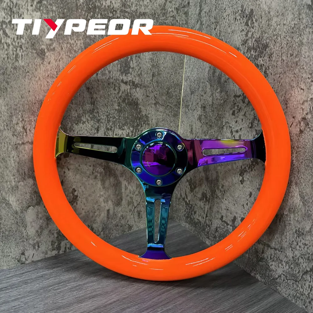 

TIYPEOR Fluorescent Orange Solid Wood Composite Steering Wheel Classic Fashion 350MM Aluminum 3-Spoke