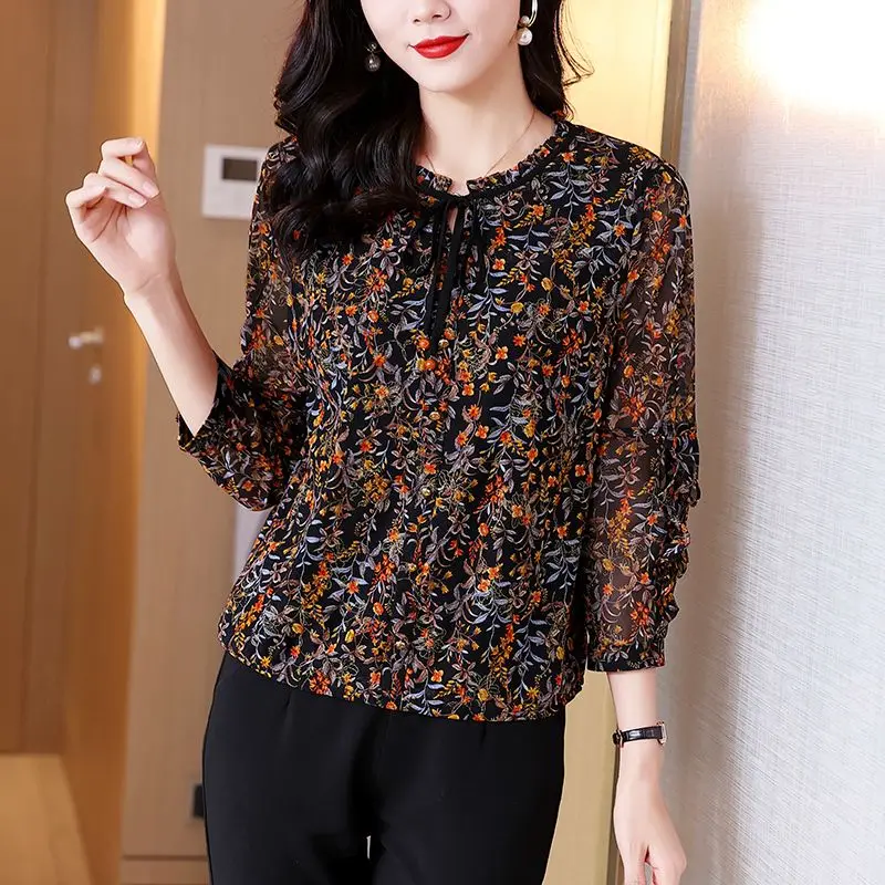 Korean Fashion Women\'s Clothing New 2023 Spring Summer Thin Printing Lacing Pleated O-neck 3/4 Sleeve Pullovers Floral Blouses