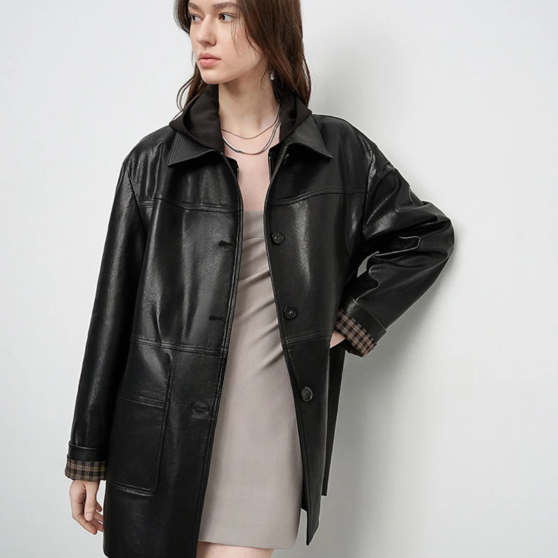 سترة من جلد الغنم الأصلي للخريف والشتاء للنساء باللون البني فضفاضة وجيب متوسط الطول من الجلد المدبوغ معطف واق من المطر ملابس خارجية #4