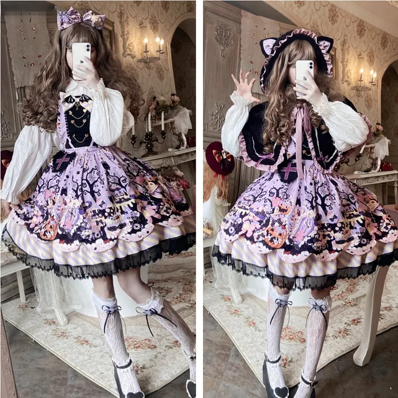 Robe Lolita Jsk à capuche avec oreilles de chat pour femme, robe à bretelles Everak, gothique, japonaise, victorienne, cosplay d'Halloween, mode Kawaii