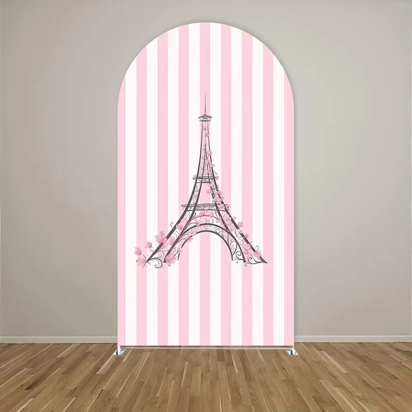 

Двусторонний фон-чехол «Арка Эйфелевой башни» с розовыми полосками для дня рождения девочки, вечеринки в стиле принцессы, декора для детского праздника