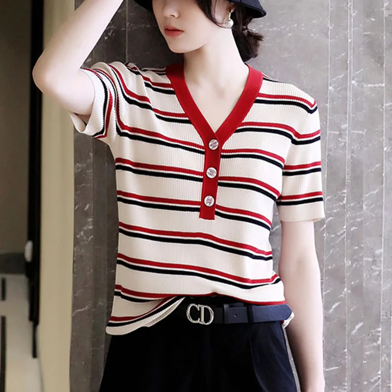 2026 Summer New Women's Short Sleeve V-neck Knitted 100% Cotton T-shirt Striped Women's Pullover Short Sleeve Fashion Hot Sale