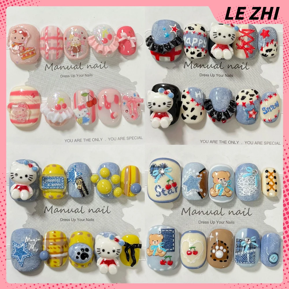 

10Pcs Kawaii Sanrio Hello Kitty Handmade Short Square Round Nails Party Stickers Cartoon Rabbits Cat Bear Bowknot Press On Nails