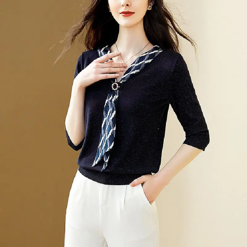 Casual Drawstring Beading Knitted Shirt Spring Autumn Long Sleeve Female Clothing Stylish Sequined Korean V-Neck Loose Blouse