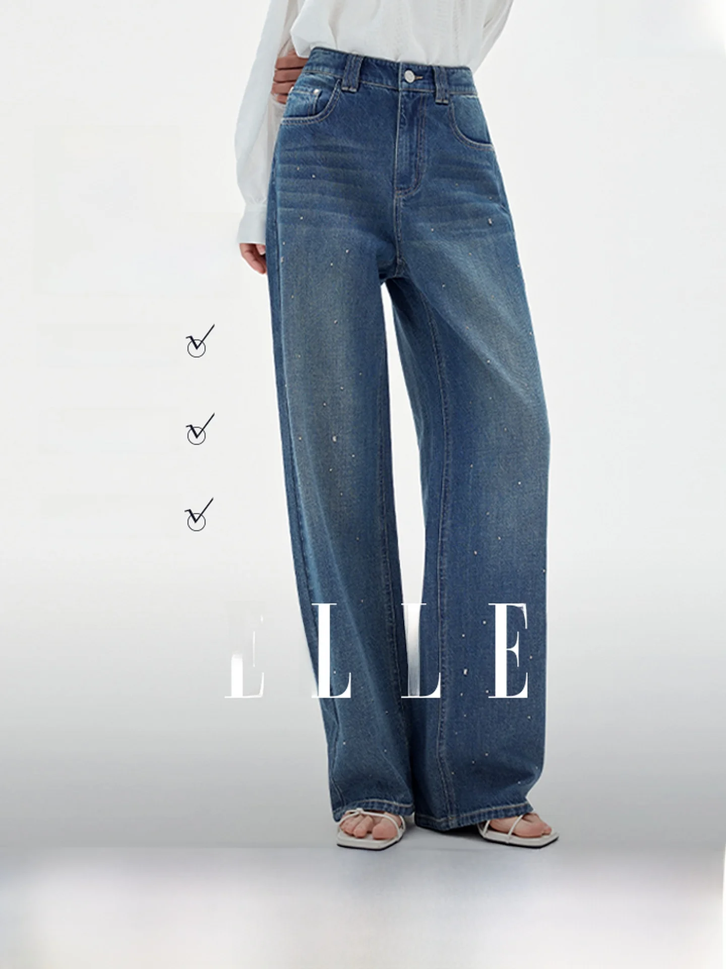 

Elle Fashionable Rhinestone Denim Jeans Women's High Waist Slimming Design Casual Straight Leg Pants Spring 2026 New Arrival