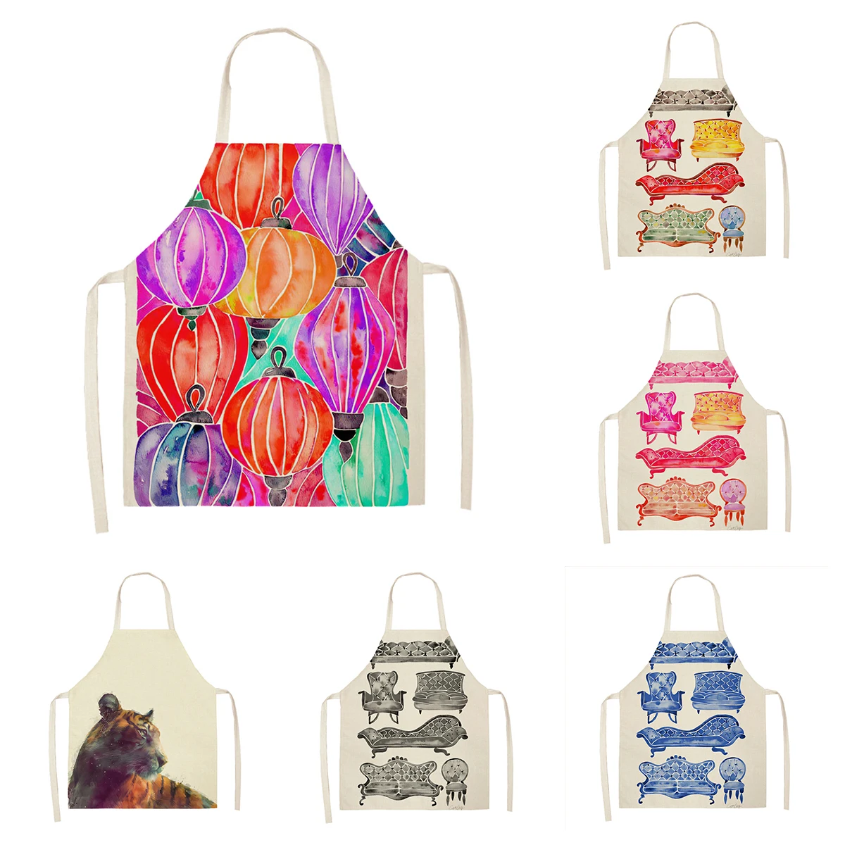 Women's kitchen apron Animal oil painting style Restaurant chef barber Waterproof apron for menand child painting aaaa