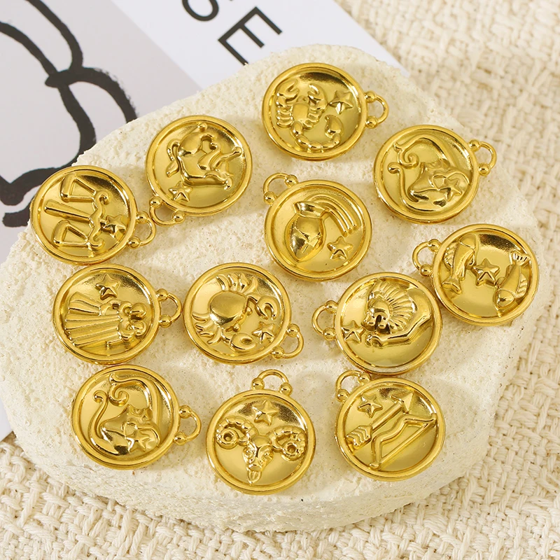 5pcs Stainless Steel Twelve Constellations Charms Zodiac Pendant Accessories PVD Plated DIY Necklace Jewelry Making Wholesale