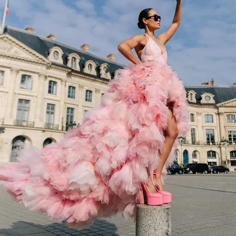 Fluffy Pink Prom Gowns Lush Photo Shooting Custom Sexy High Low Maxi Dresses Applique Sleeveless Bridal Dress Asymmetrical