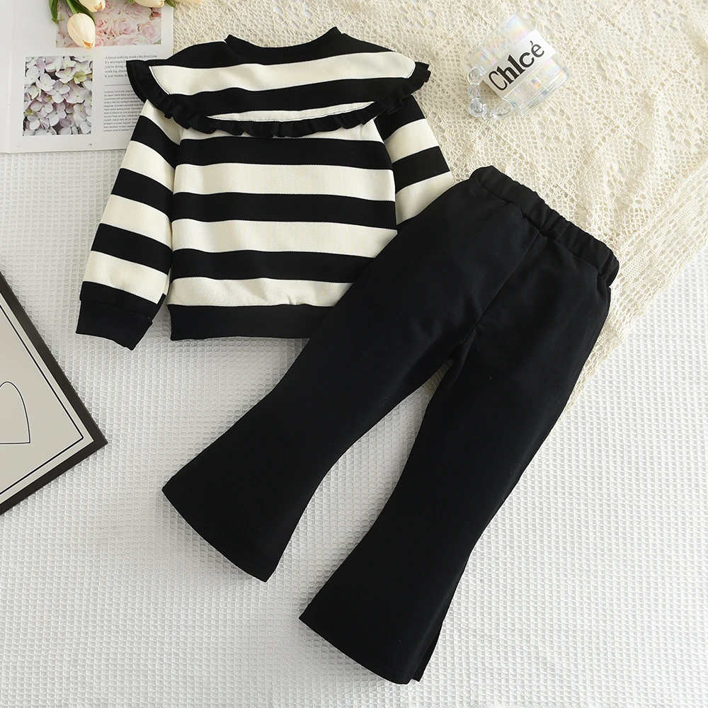 Menoea Girls' Long sleeved Set 2023 Autumn New Girls' Large Polo Neck Pleated Stripe Top+Flare Pants Two Piece Girls' Set